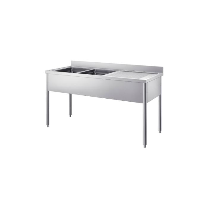 Lavatoio Professionale in Acciaio Inox AISI 304 con Basamento su Gambe – 2 Vasche e Sgocciolatoio Destro
